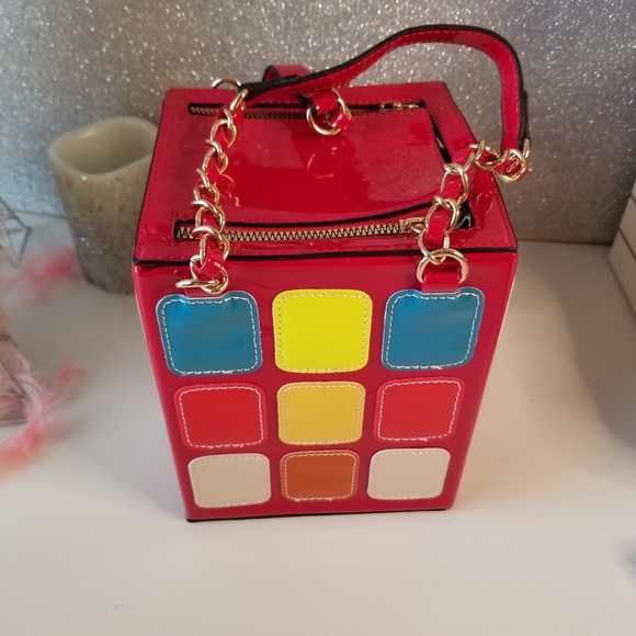 Retro Glossy Red Multicolor Square Rubiks Cube Shape Purse Chain Handbag NEW - Picture 3 of 16